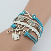 PU Leather Combined Bracelet, 8 shape & branch & owl, with Waxed Cotton Cord & Zinc Alloy, with 1.5inch extender chain, silver color plated, Unisex & adjustable Approx 7 Inch 