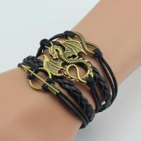 PU Leather Combined Bracelet, 8 shape & dragon & arrow, with Waxed Cotton Cord & Zinc Alloy, with 1.5inch extender chain, antique brass color plated, Unisex & adjustable &  Approx 7 Inch 