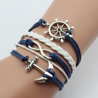 PU Leather Combined Bracelet, anchor & Ship Wheel & infinity, with Waxed Cotton Cord & Zinc Alloy, with 1.5inch extender chain, silver color plated, Unisex & adjustable &  Approx 7 Inch 