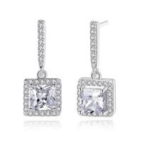 Cubic Zirconia Micro Pave Brass Earring, Square, platinum plated, micro pave cubic zirconia 