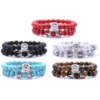 Gemstone Bracelet Set, with Elastic Thread & Brass, Lion, silver color plated, natural & Unisex & micro pave cubic zirconia, 8mm Approx 7.5 Inch 