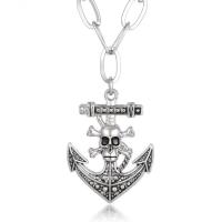 Zinc Alloy Sweater Necklace, with Cotton Cord, Anchor, antique silver color plated, with skull pattern & oval chain & for man Approx 31 Inch 