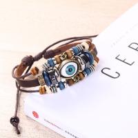 PU Leather Bracelet, with Waxed Linen Cord & Non Magnetic Hematite & Resin & Stainless Steel & Zinc Alloy, Evil Eye, plated, durable & Unisex & adjustable, brown, 180mm Approx 7 Inch 