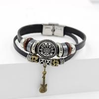 PU Leather Bracelet, with Non Magnetic Hematite & Wood & Zinc Alloy, plated, durable & Unisex, black, 195mm Approx 7.5 Inch 