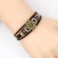 PU Leather Bracelet, with Waxed Linen Cord & Non Magnetic Hematite & Wood & Zinc Alloy, Flower, plated, durable & Unisex, black, 195mm Approx 7.5 Inch 