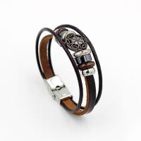 PU Leather Bracelet, with Waxed Linen Cord & Non Magnetic Hematite & Wood & Zinc Alloy, plated, durable & Unisex, black, 195mm Approx 7.5 Inch 