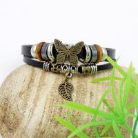 PU Leather Bracelet, with Waxed Linen Cord & Non Magnetic Hematite & Wood & Zinc Alloy, Butterfly, plated, durable & Unisex, black, 195mm Approx 7.5 Inch 