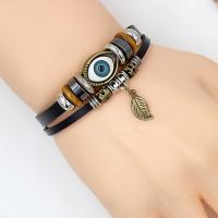 PU Leather Bracelet, with Waxed Linen Cord & Non Magnetic Hematite & Wood & Resin & Zinc Alloy, Evil Eye, plated, durable & Unisex, black, 195mm Approx 7.5 Inch 