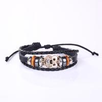 PU Leather Bracelet, with Waxed Linen Cord & Non Magnetic Hematite & Zinc Alloy, Owl, rose gold color plated, adjustable & for woman & enamel, black, 180mm Approx 7 Inch 