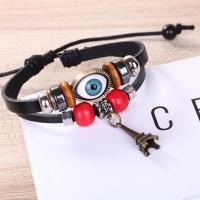 PU Leather Bracelet, with Waxed Linen Cord & Non Magnetic Hematite & Wood & Zinc Alloy, Evil Eye, plated, adjustable & for woman & enamel, black, 180mm Approx 7 Inch 