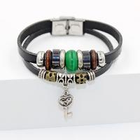 PU Leather Bracelet, with Non Magnetic Hematite & Wood & Zinc Alloy, Key, plated, Unisex, black, 195mm Approx 7.5 Inch 