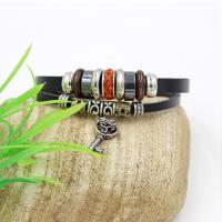 PU Leather Bracelet, with Waxed Linen Cord & Non Magnetic Hematite & Wood & Zinc Alloy, Lock and Key, plated, Unisex & with rhinestone 180mm Approx 7 Inch 