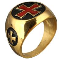 Men Stainless Steel Ring in Bulk, gold color plated, with cross pattern & for man & enamel, 17mm, US Ring 