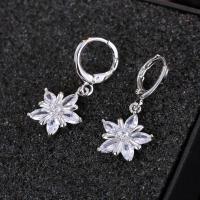 Brass Huggie Hoop Drop Earring, Flower, platinum plated, for woman & with cubic zirconia 