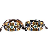 Leather Bracelet, with Waxed Cotton Cord & Wood & Zinc Alloy, Evil Eye, plated, Unisex & adjustable 6mm Approx 6.7-7.8 Inch 