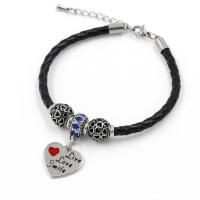 Leather Bracelet, with Stainless Steel, with 1.57Inch extender chain, Heart, plated, charm bracelet & with letter pattern & for woman & enamel 4mm Approx 7 Inch 