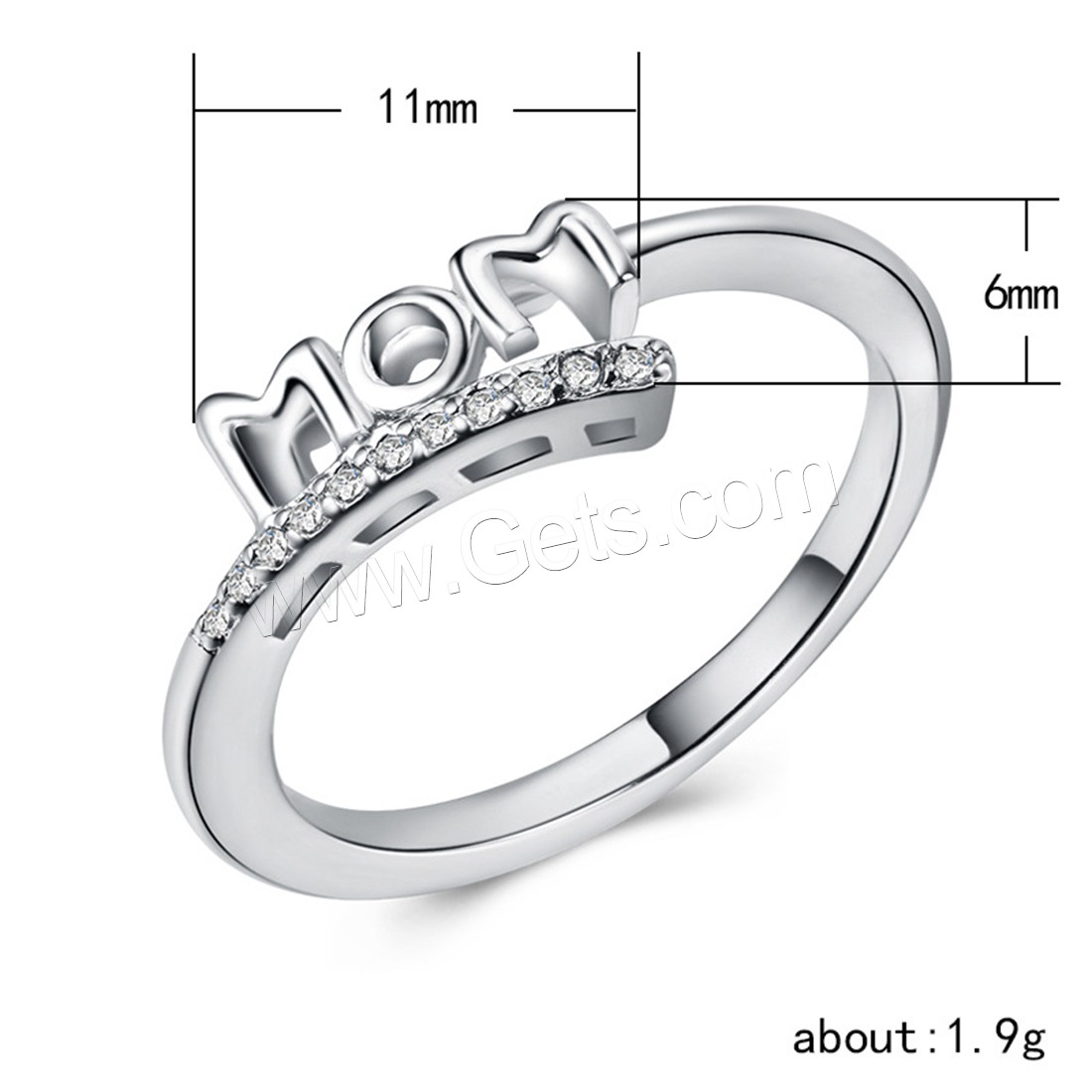 Zirkonia Messing Finger Ring, platiniert, verschiedene Größen vorhanden & für Frau & mit kubischem Zirkonia, 11mm, 6mm, verkauft von PC