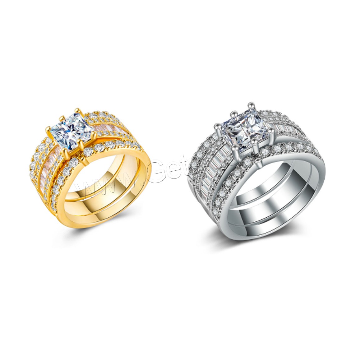 Brass Ring Set, plated, different size for choice & for couple & with cubic zirconia, more colors for choice, 3PCs/Set, Sold By Set