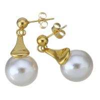 Stainless Steel Drop Earring, with Glass Pearl, gold color plated, for woman, 31mm 