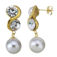 Stainless Steel Drop Earring, with ABS Plastic Pearl & Crystal, Infinity, gold color plated, for woman & faceted, 36mm 