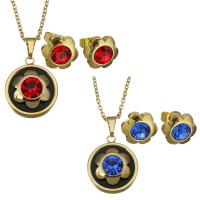 Stainless Steel Jewelry Set, earring & necklace, with Crystal & Resin, Flower, gold color plated, oval chain & for woman & faceted 1.5mm Approx 19 Inch 