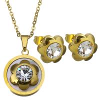 Stainless Steel Jewelry Set, earring & necklace, with White Shell & Crystal, Flower, gold color plated, oval chain & for woman & faceted 1.5mm Approx 18 Inch 