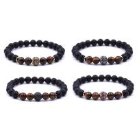 Lava Bead Bracelet, with Tiger Eye & Brass, plated, natural & Unisex & micro pave cubic zirconia 8mm Approx 7.5 Inch 