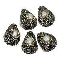 Clay Pave Beads, with Freshwater Pearl, Teardrop, with rhinestone, 18x24- Approx 1mm 