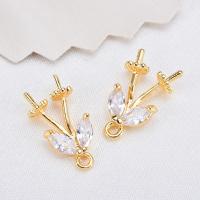 Brass Earring Stud Component, Leaf, real gold plated, with cubic zirconia Approx 1.5mm 