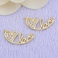 Cubic Zirconia Micro Pave Brass Connector, Heart, word love, real gold plated, micro pave cubic zirconia & 1/1 loop Approx 1mm 