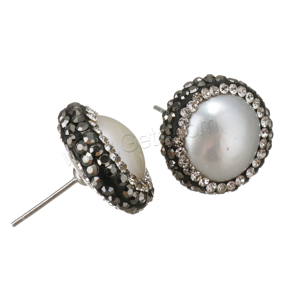 Clay Pave Stud Earring, with 925 Sterling Silver & Freshwater Pearl, Flat Round, plated, without stopper & different size for choice & for woman & with rhinestone, Sold By Pair