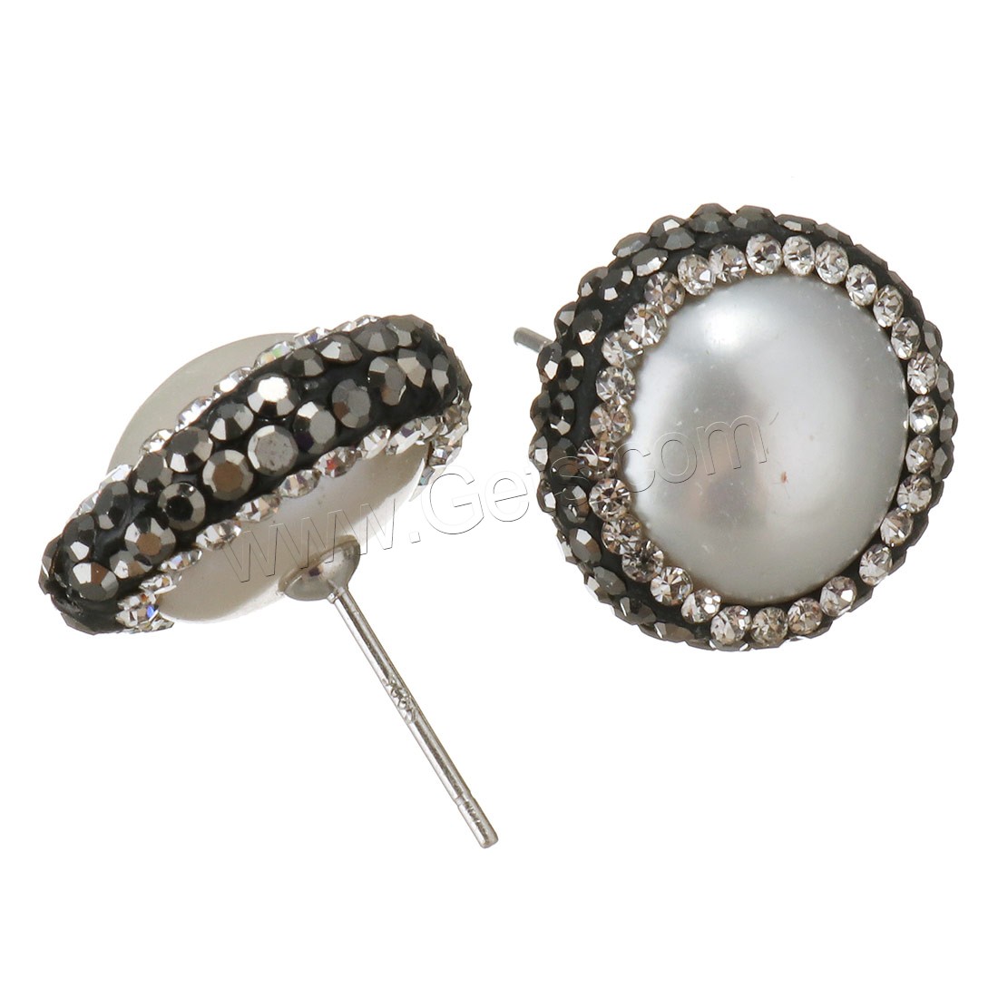Clay Pave Stud Earring, with 925 Sterling Silver & Freshwater Pearl, Flat Round, plated, without stopper & different size for choice & for woman & with rhinestone, Sold By Pair