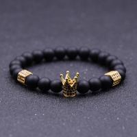 Black Stone Bracelet, with Elastic Thread & Brass, Crown, plated, natural & Unisex & micro pave cubic zirconia & frosted Approx 7.5 Inch 