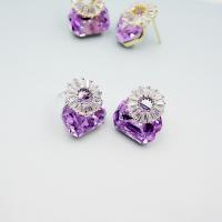 Brass Stud Earring, with Crystal, sterling silver post pin, plated, for woman & with cubic zirconia & faceted 