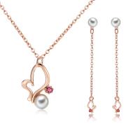 Zinc Alloy Jewelry Set, earring & necklace, with ABS Plastic Pearl & iron chain, with 7cm extender chain, Heart, rose gold color plated, oval chain & for woman & with rhinestone, lead & cadmium free  Approx 18 Inch 
