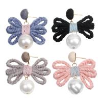 Caddice Drop Earring, with ABS Plastic Pearl & Zinc Alloy, stainless steel post pin, Bowknot, gold color plated, for woman 