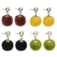 Plush Drop Earring, with Zinc Alloy, stainless steel post pin, Round, gold color plated, for woman & with rhinestone 