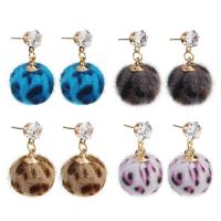 Plush Drop Earring, with Zinc Alloy, stainless steel post pin, Round, gold color plated, for woman & with rhinestone 