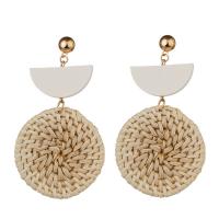 Rattan Drop Earring, with Zinc Alloy, stainless steel post pin, Flat Round, gold color plated, for woman 