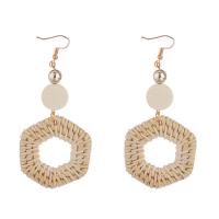 Rattan Drop Earring, with Wood & Zinc Alloy, stainless steel earring hook, Hexagon, gold color plated, for woman 