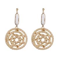 Rattan Drop Earring, with Glass & Zinc Alloy, stainless steel post pin, Flat Round, gold color plated, for woman & faceted 