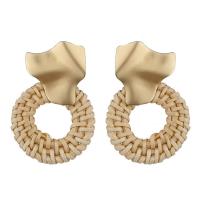 Rattan Stud Earring, with Zinc Alloy, stainless steel post pin, Donut, gold color plated, for woman 