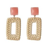Rattan Drop Earring, with Resin & Zinc Alloy, stainless steel post pin, Rectangle, gold color plated, for woman 