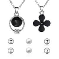 Zinc Alloy Jewelry Set, Stud Earring & necklace, with Glass Pearl, with 1.9lnch extender chain, Flower, silver color plated, oval chain & for woman & enamel & with rhinestone  8mm Approx 17.7 Inch 