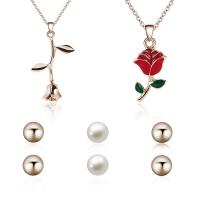 Zinc Alloy Jewelry Set, Stud Earring & necklace, with Glass Pearl, with 1.9lnch extender chain, Flower, gold color plated, oval chain & for woman & enamel & with rhinestone 8mm Approx 17.7 Inch 