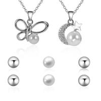Zinc Alloy Jewelry Set, Stud Earring & necklace, with Glass Pearl, with 1.9lnch extender chain, silver color plated, oval chain & for woman & with rhinestone  8mm Approx 17.7 Inch 