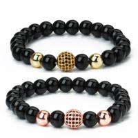 Black Agate Bracelet, with Brass, Round, plated, Unisex & micro pave cubic zirconia 8mm Approx 7.5 Inch 