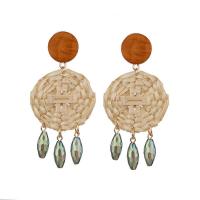 Rattan Drop Earring, with Glass & Wood & Zinc Alloy, stainless steel post pin, Flat Round, gold color plated, for woman & faceted 