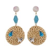 Rattan Drop Earring, with Zinc Alloy & Acrylic, stainless steel post pin, Flat Round, gold color plated, for woman 