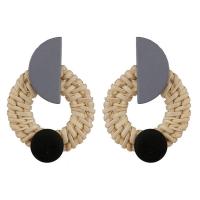 Rattan Drop Earring, with Wood & Zinc Alloy, stainless steel post pin, Flat Round, gold color plated, for woman 